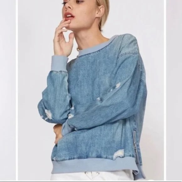 Zara Distressed Denim Pullover Sweatshirt blue size Small - Picture 2 of 4